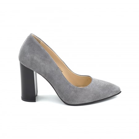 Pantofi dama - Pantofi dama din piele naturala intoarsa gri cu varf ascutit stiletto si toc inalt gros de 9 cm 9557-9-25