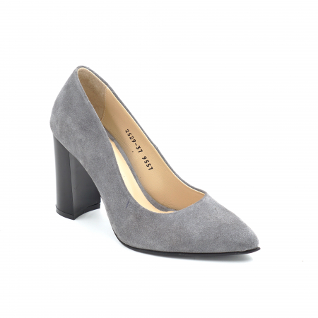 Pantofi dama din piele naturala intoarsa gri cu varf ascutit stiletto si toc inalt gros de 9 cm 9557-9-25 [1]