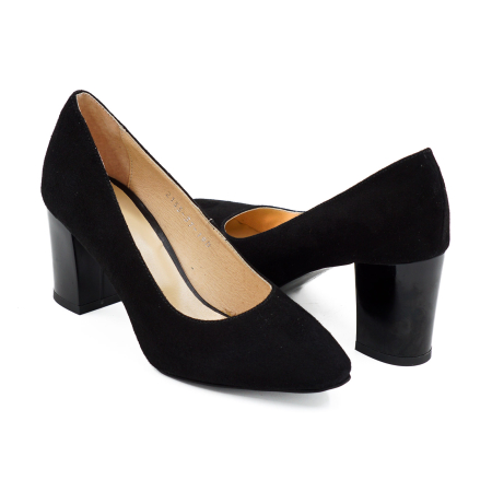 Pantofi dama din piele naturala intoarsa neagra, cu varf ascutit si toc mediu gros de 7 cm 0449-7-26 [3]