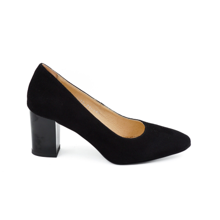 Pantofi dama - Pantofi dama din piele naturala intoarsa neagra, cu varf ascutit si toc mediu gros de 7 cm 0449-7-26