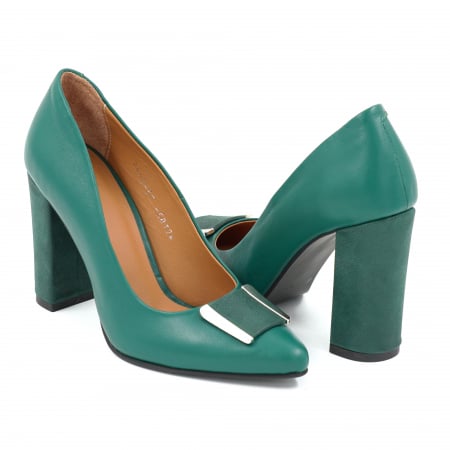 Pantofi dama - Pantofi dama din piele naturala verde menta si cu imprimeu verde sidefat cu varf ascutit stiletto si toc inalt gros imbracat de  9 cm 50724-25