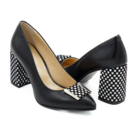 Pantofi dama - Pantofi dama din piele naturala neagra si cu patrate albe, cu varf ascutit stiletto si toc mediu gros imbracat de 8 cm 50724-1-26