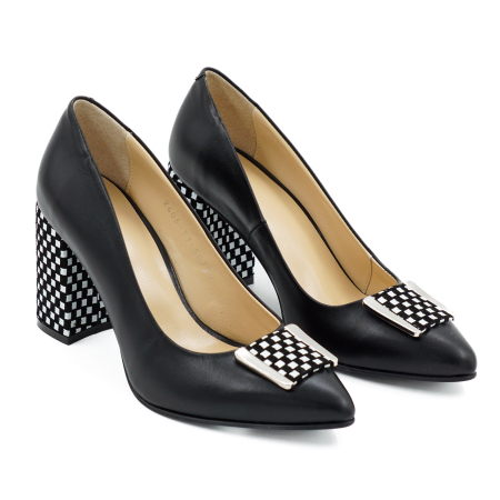Pantofi dama din piele naturala neagra si cu patrate albe, cu varf ascutit stiletto si toc mediu gros imbracat de 8 cm 50724-1-26 [3]