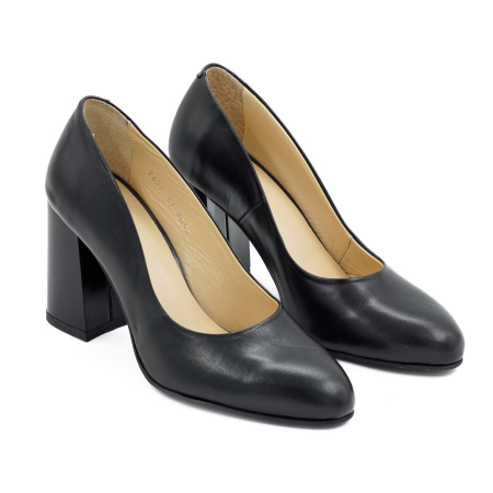 Pantofi dama din piele naturala neagra, cu varf rotund si toc mediu gros 8 cm 8052-1-26 [2]