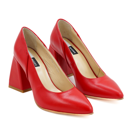 Pantofi dama din piele naturala rosie cu varf ascutit stiletto si toc mediu gros imbracat de 8 cm 50320-26 [2]