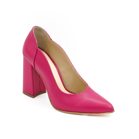 Pantofi dama din piele naturala fucsia, cu varf ascutit stiletto si toc inalt gros imbracat de 9 cm 59320-1-26 [1]