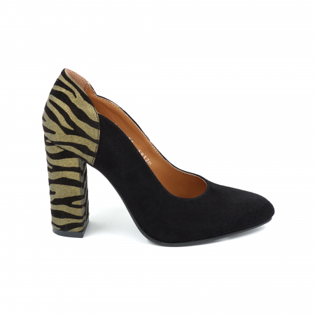 Pantofi dama - Pantofi dama din piele naturala intoarsa neagra si cu imprimeu zebra negru cu dungi aurii cu varf ascutit si toc inalt gros imbracat de 9 cm 59320-25