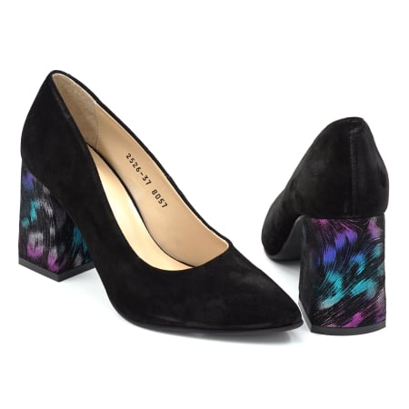 Pantofi dama din piele naturala intoarsa negru cu varf ascutit si toc imbracat de 8 cm 8057-13-25 [4]