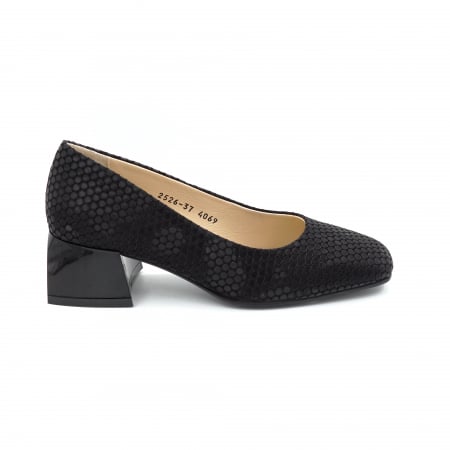 Pantofi dama - Pantofi dama din piele naturala neagra cu imprimeu buline cu varf patrat si toc mic gros de 4 cm 4069-2-25