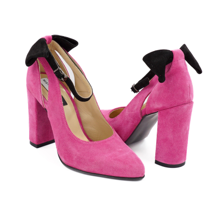 Pantofi dama - Pantofi dama din piele naturala intoarsa roz fucsia, cu varf ascutit si toc inalt gros imbracat 9 cm 50719-26