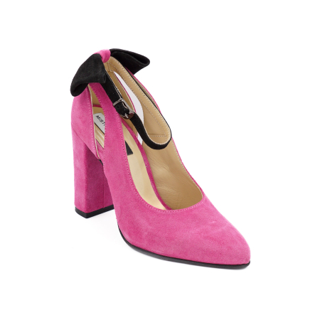 Pantofi dama din piele naturala intoarsa roz fucsia, cu varf ascutit si toc inalt gros imbracat 9 cm 50719-26 [2]