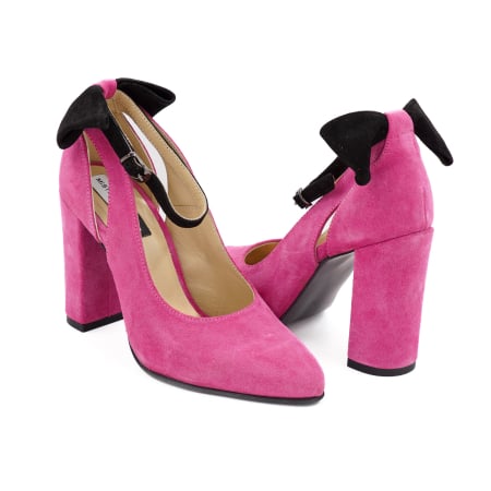 Pantofi dama din piele naturala intoarsa roz fucsia, cu varf ascutit si toc inalt gros imbracat 9 cm 50719-26 [0]