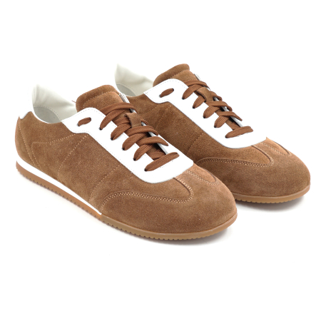 Pantofi dama tip adidas din piele naturala intoarsa maro coniac si alba cu varf rotund si talpa de 1 cm 50126-26 [2]