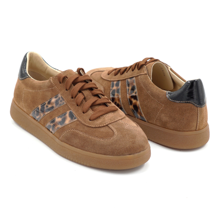 Pantofi dama tip adidas din piele naturala intoarsa maro coniac si cu imprimeu leopard cu varf rotund si talpa de 2 cm 50326-1-26 [3]