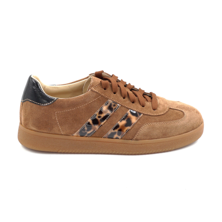 Pantofi casual & sport dama - Pantofi dama tip adidas din piele naturala intoarsa maro coniac si cu imprimeu leopard cu varf rotund si talpa de 2 cm 50326-1-26