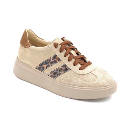 Pantofi dama tip adidas din piele naturala intoarsa bej cappucino si cu imprimeu leopard cu varf rotund si talpa de 3 cm 50326-3-26 [1]
