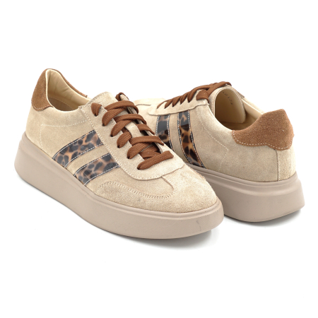 Pantofi dama tip adidas din piele naturala intoarsa bej cappucino si cu imprimeu leopard cu varf rotund si talpa de 3 cm 50326-3-26 [3]