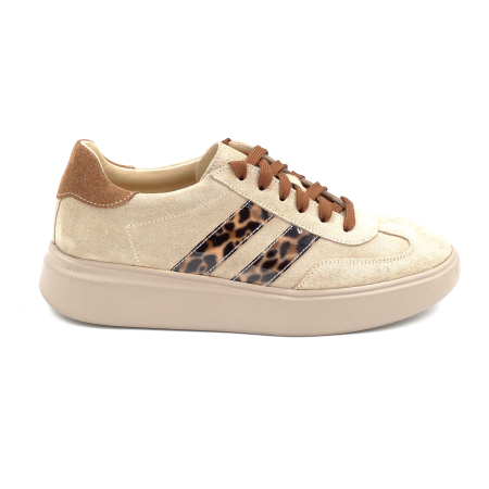 Pantofi casual & sport dama - Pantofi dama tip adidas din piele naturala intoarsa bej cappucino si cu imprimeu leopard cu varf rotund si talpa de 3 cm 50326-3-26