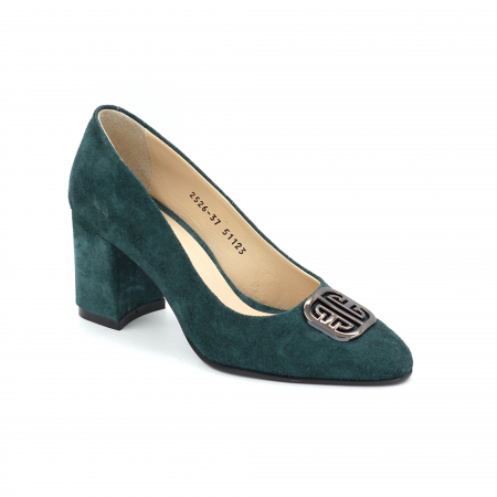 Pantofi dama din piele naturala intoarsa verde smarald cu varf ascutit si toc mic gros imbracat de 6 cm 51123-25 [2]