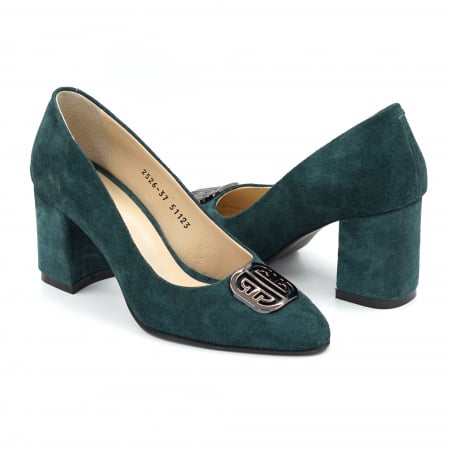 Pantofi dama - Pantofi dama din piele naturala intoarsa verde smarald cu varf ascutit si toc mic gros imbracat de 6 cm 51123-25