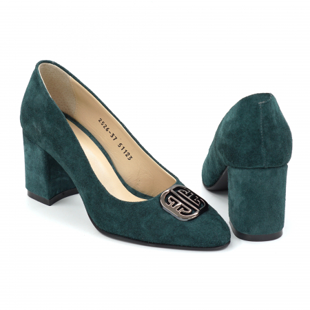 Pantofi dama din piele naturala intoarsa verde smarald cu varf ascutit si toc mic gros imbracat de 6 cm 51123-25 [4]