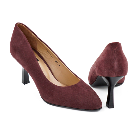Pantofi dama din piele naturala intoarsa visinie, cu varf ascutit si toc mediu subtire de 7 cm 0449-10-26 [4]