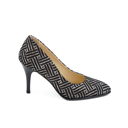 Pantofi dama - Pantofi dama din piele naturala neagra cu imprimeu, cu varf ascutit si toc mediu subtire de 7 cm 0449-14-26