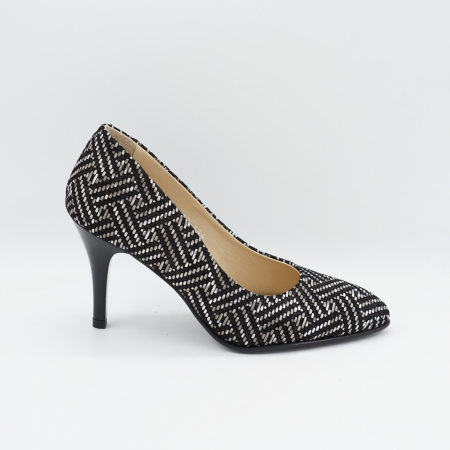 Pantofi dama - Pantofi dama din piele naturala neagra cu imprimeu, cu varf ascutit si toc mediu subtire de 7 cm 0449-14-26