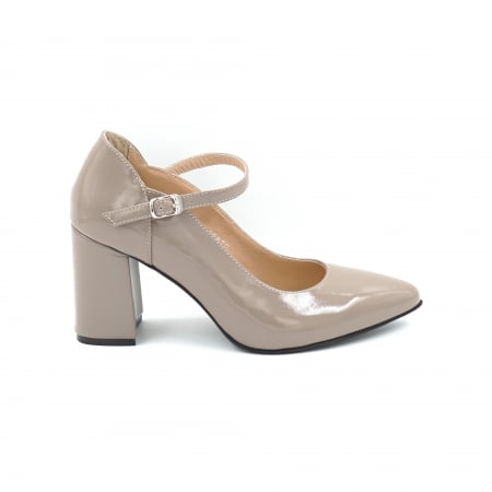 Pantofi elegant & office dama - Pantofi dama din piele naturala lacuita grej cu varf ascutit stileto si toc mediu gros imbracat 8 cm 50820-4-25