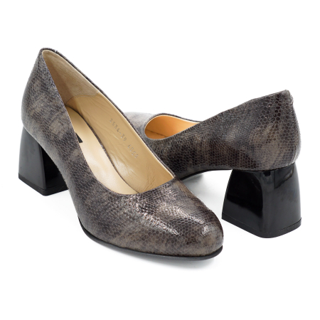 Pantofi dama din piele naturala lacuita croco maro, cu varf rotund si toc mic gros de 6 cm 6055-26 [2]