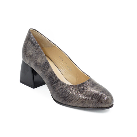 Pantofi dama din piele naturala lacuita croco maro, cu varf rotund si toc mic gros de 6 cm 6055-26 [1]