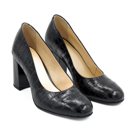 Pantofi dama din piele naturala croco negru, cu varf rotund si toc mediu gros 8 cm 8065-1-26 [2]