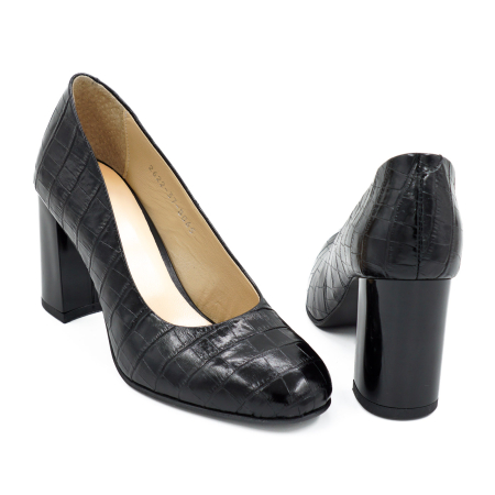 Pantofi dama din piele naturala croco negru, cu varf rotund si toc mediu gros 8 cm 8065-1-26 [4]