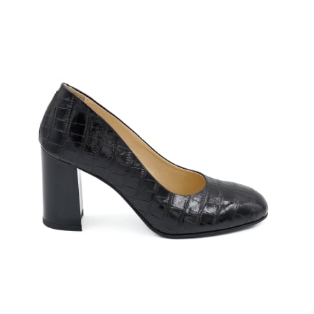 Pantofi elegant & office dama - Pantofi dama din piele naturala croco negru, cu varf rotund si toc mediu gros 8 cm 8065-1-26