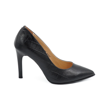 Pantofi dama - Pantofi dama din piele naturala croco negru, cu varf ascutit stiletto si toc inalt subtire 9 cm 9557-19-26