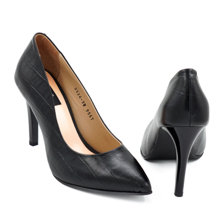 Pantofi dama din piele naturala croco negru, cu varf ascutit stiletto si toc inalt subtire 9 cm 9557-19-26 [4]