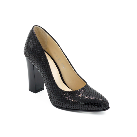 Pantofi dama din piele naturala lacuita croco negru, cu varf ascutit si toc inalt gros de 9 cm 1040-1-26 [1]
