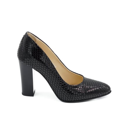 Pantofi elegant & office dama - Pantofi dama din piele naturala lacuita croco negru, cu varf ascutit si toc inalt gros de 9 cm 1040-1-26