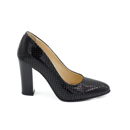 Pantofi dama - Pantofi dama din piele naturala lacuita croco negru, cu varf ascutit si toc inalt gros de 9 cm 1040-1-26