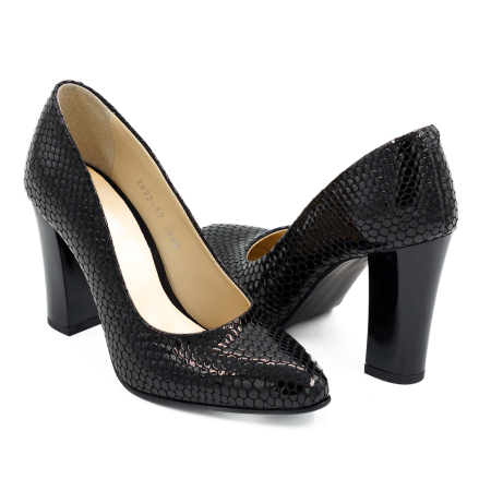 Pantofi dama din piele naturala lacuita croco negru, cu varf ascutit si toc inalt gros de 9 cm 1040-1-26 [3]