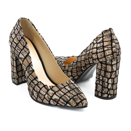 Pantofi dama din piele naturala neagra cu imprimeu animalp print, cu varf ascutit stiletto si toc inalt gros imbracat 9 cm 9557-7-25 [3]