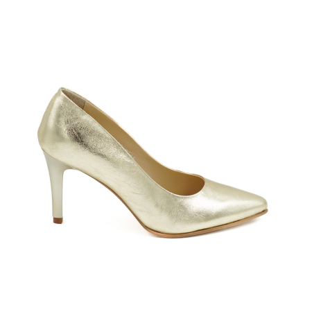 Lichidare stocuri - Pantofi dama din piele naturala aurie, cu varf ascutit stiletto si toc mediu subtire de 8 cm 0445-26