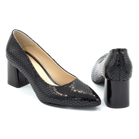 Pantofi dama din piele naturala lacuita croco negru, cu varf ascutit stiletto si toc mic gros  de 6 cm 6057-1-26 [4]