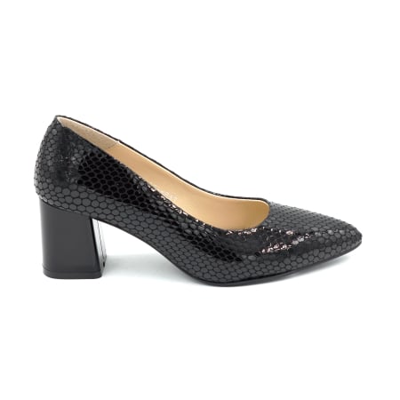 Dama - Pantofi dama din piele naturala lacuita croco negru, cu varf ascutit stiletto si toc mic gros  de 6 cm 6057-1-26