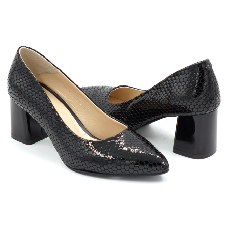 Pantofi dama din piele naturala lacuita croco negru, cu varf ascutit stiletto si toc mic gros  de 6 cm 6057-1-26 [3]