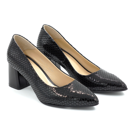 Pantofi dama din piele naturala lacuita croco negru, cu varf ascutit stiletto si toc mic gros  de 6 cm 6057-1-26 [2]