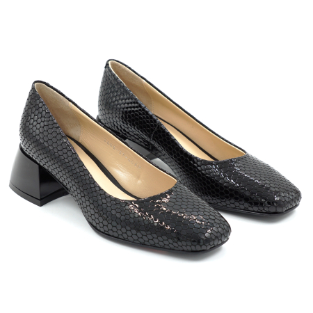 Pantofi dama din piele naturala lacuita croco negru cu varf patrat si toc mic gros de 4 cm 4069-2-26 [1]