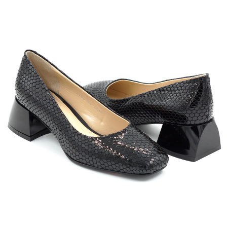 Pantofi dama din piele naturala lacuita croco negru cu varf patrat si toc mic gros de 4 cm 4069-2-26 [2]