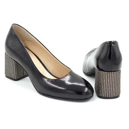 Pantofi dama din piele naturala lacuita neagra cu varf rotund si toc mic gros imbracat de 6 cm 6065-2-26 [4]