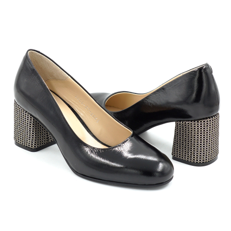 Pantofi dama din piele naturala lacuita neagra cu varf rotund si toc mic gros imbracat de 6 cm 6065-2-26 [2]